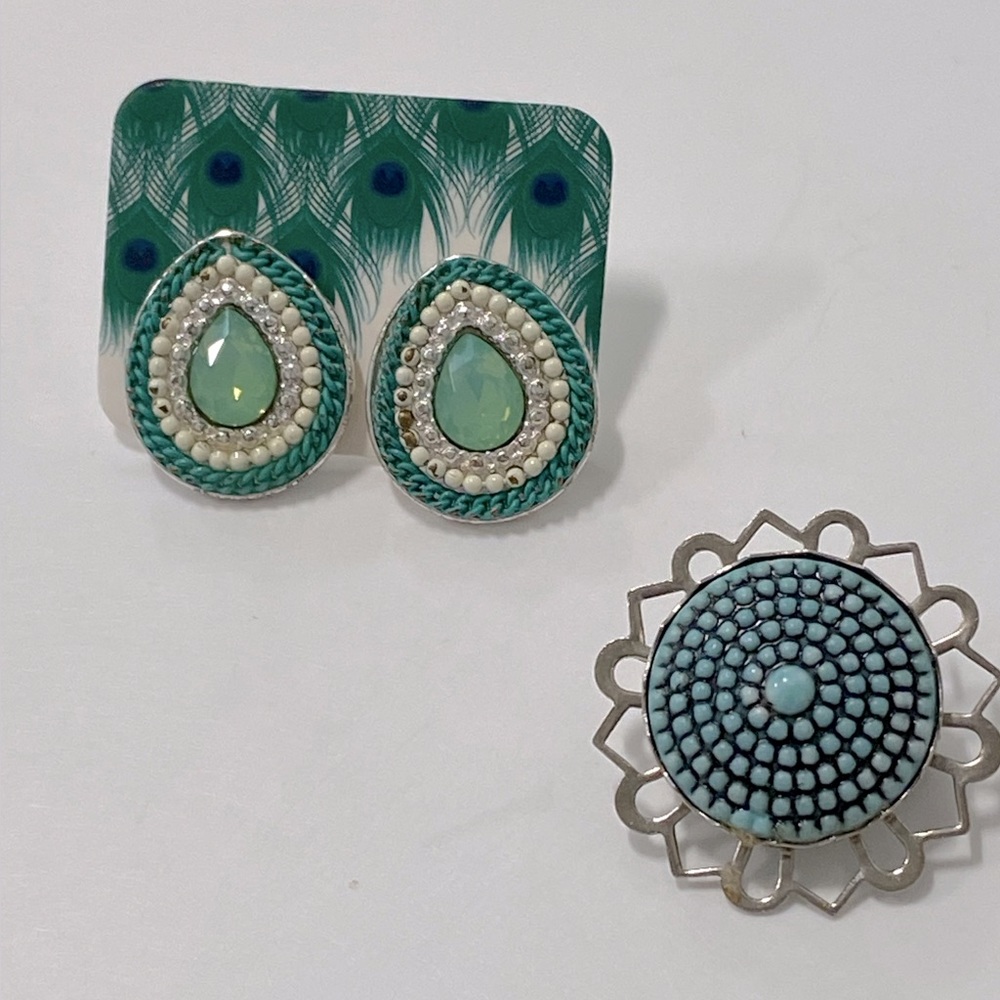 BROOCH AND TEARDROP EARRING 2 piece Set Teal Green, White and Silver Tone Pin - Picture 2 of 5